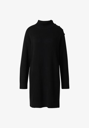 Black knitted sweater dress with a high collar, long sleeves, and ribbed cuffs. Notable button detail on one shoulder. Soft texture.