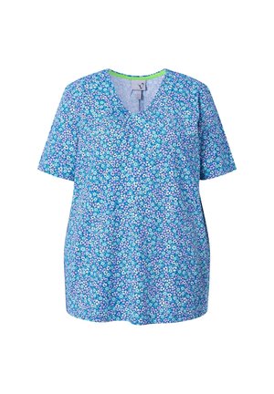 Top femme à manches courtes avec col en V, petit imprimé floral bleu, violet et blanc, avec une encolure légèrement froncée.