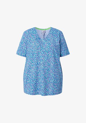Top femme à manches courtes avec col en V, petit imprimé floral bleu, violet et blanc, avec une encolure légèrement froncée.