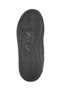 Sole di scarpa in gomma nera con un motivo a zigzag, dettagli in rilievo e bordo liscio. Presenta scanalature per la trazione.