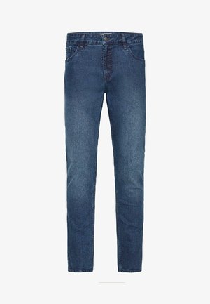 Mørkeblå denimbukser, medium-vekt stoff, rett ben design, fem-lommer stil, med knappelukking foran og beltehemper.