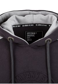 Koolgrijze hoodie met een lichtgrijze binnenkant, verstelbare trekkoord en een label met de tekst "SPITZBUB ORIGINAL EST. 2017" aan de binnenkant van de kraag.