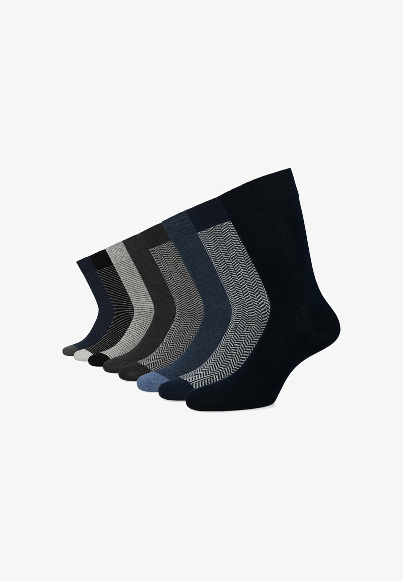 Zestaw skarpet w ciemnych odcieniach, z jednolitymi kolorami i subtelnymi wzorami, w tym paski i wzór w jodełkę, o zróżnicowanych fakturach.