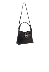 Borsa a mano in pelle nera con un design strutturato, dotata di un accentuazione in metallo dorato e di una tracolla removibile. Texture liscia.