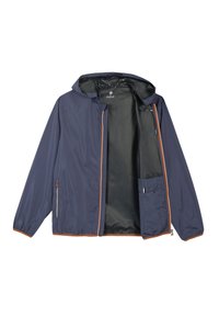 Navyblaue, leichte Jacke mit Kapuze, elastischen Bündchen und einem beidhändigen Reißverschluss. Verfügt über ein Mesh-Futter und eine Fronttasche mit Druckknopfverschluss.