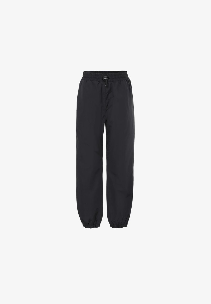 Zwarte broek met elastische taille, trekkoord en elastische boorden, losse pasvorm en rechte pijpen.
