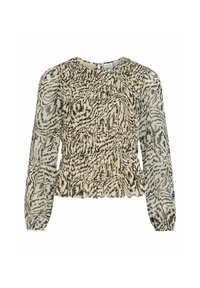 Laisalt lõikega pluus, valmistatud kergest kangast, beeži ja musta loomamustriga, kogutud tekstuuri ja pikkade läbipaistvate varrukatega.