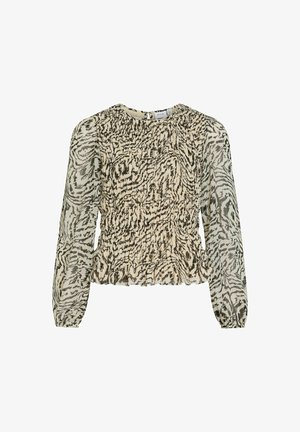Luźna bluzka wykonana z lekkiego materiału, z beżowo-czarnym zwierzęcym wzorem, marszczoną fakturą oraz długimi przezroczystymi rękawami.