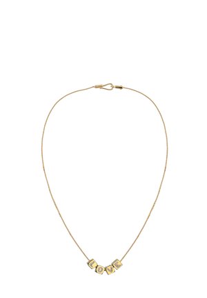 Zarte goldene Halskette mit vier goldenen Würfelperlen, die "LOVE," buchstabieren, jede Perle ist mit kleinen Kristallen verziert.
