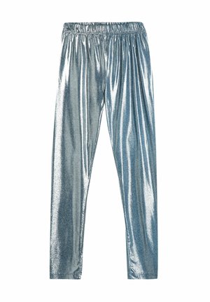 Metaliczne niebieskie legginsy z elastycznym pasem. Gładka, błyszcząca tekstura o dopasowanym kształcie, ukazująca refleksyjny wykończenie.