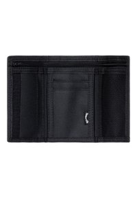 Czarny portfel z tkaniny z wieloma slotami na karty, zamykaną na zamek przegrodą oraz siateczkową kieszenią. Kompaktowy design, idealny do codziennego użytku.