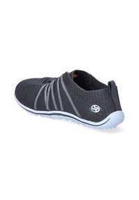 Black knit athletic shoe with gray elastic straps, rounded toe, and white rubber sole. Features a pull tab at the heel for easy wear.