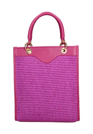 Rectangular pink woven handbag with smooth pink leather trim, rounded handle, and gold metal ring attachments.