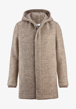 Beiger Wollmantel mit einer weichen, strukturierten Oberfläche, ausgestattet mit einer Kapuze, versteckten Verschlüssen und langen Ärmeln mit gerippten Bündchen.