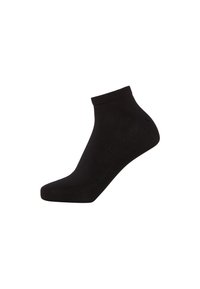Black ankle sock made of a smooth, stretchy material, featuring a ribbed cuff and a seamless toe design.