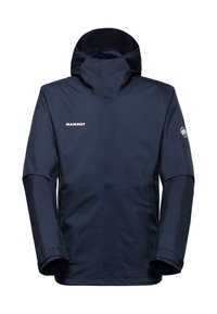 Navy blue waterproof jacket with a hood, featuring a zippered front, elastic cuffs, and Mammut logo on the chest. Smooth texture.