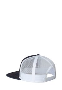 Cappellino da baseball blu navy con retro in rete, visiera curvata, chiusura a scatto regolabile e dettagli bianchi. Presenta un motivo testurizzato sul davanti.