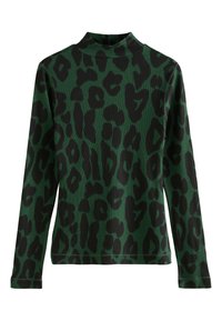 Zöld bordázott garbó felső fekete leopárdmintával, hosszú ujjal és testhez simuló szabással.