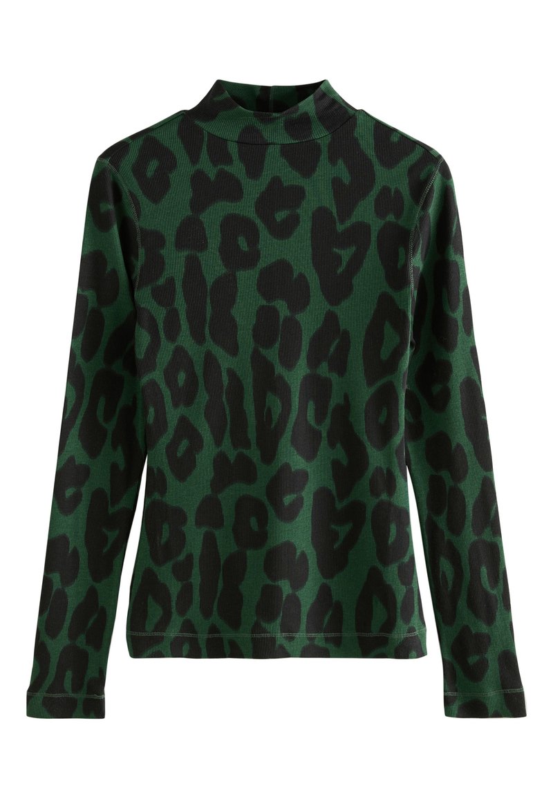 Zöld bordázott garbó felső fekete leopárdmintával, hosszú ujjal és testhez simuló szabással.