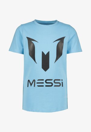 Camiseta de algodón azul claro con un gran diseño gráfico negro que parece un logotipo y el nombre "MESSI" en letras negritas debajo.