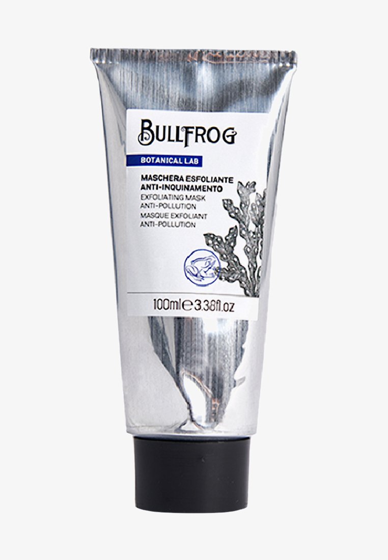 Silberner Tube mit schwarzem Deckel, beschriftet mit "Bullfrog Botanical Lab Exfoliating Mask Anti-Pollution", 100ml, mit korallem Grafiken.