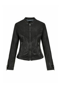 Czarna skórzana kurtka z wysokim kołnierzem, zapięcie na zamek z przodu, dwie zamykane na zamek boczne kieszenie, dopasowany krój oraz dekoracyjne klamry na rękawach.