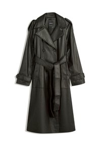 Svart läder trench coat med dubbelknäppt front, stora slag, bälte i midjan och knappade manschetter. Slät textur.