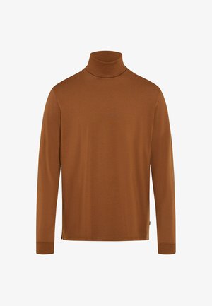 Bruine coltrui gemaakt van zacht materiaal, met lange mouwen, een aansluitende kraag en zijsplitten voor een gemakkelijke beweging.
