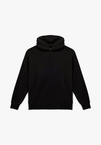 Schwarzer Kapuzenpullover mit langen Ärmeln, gerippten Bündchen und Saum, aus weichem Stoff gefertigt, mit einer schlichten Vorderseite und hohem Kragen.