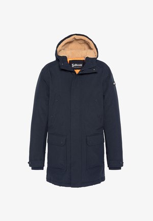 Parka blu navy con cappuccio foderato in pile, tasche frontali e chiusura con zip. Caratterizzata da una fodera arancione a contrasto e tessuto testurizzato.