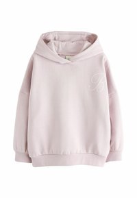 Pink hooded sweatshirt made of soft fabric, featuring a ribbed hem and cuffs, with an embossed ‘B’ logo on the front. Casual design.