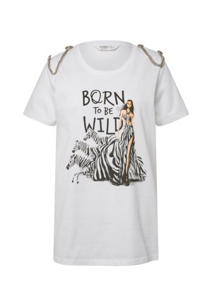 White cotton t-shirt featuring a graphic print of a woman in a zebra-patterned dress. Accented with chain details on shoulders.