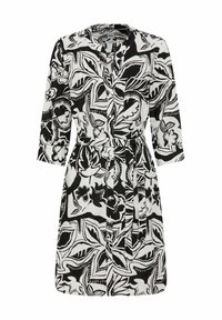 Schwarzes und weißes blumengemustertes Kleid mit Dreiviertelärmeln, einem V-Ausschnitt und einem Bindegürtel in der Taille, hergestellt aus leichtem Stoff.