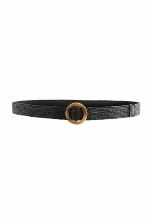 Black woven fabric belt with a round tortoiseshell buckle, displayed against a white background.