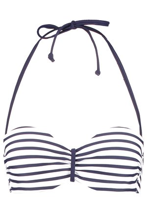 Pruhovaný bikiny top s námořnickými a bílými horizontálními pruhy, polstrované košíčky, centrální zdobení a šňůrky na krk. Lehké plavecké materiály.
