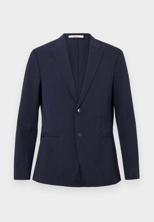 Navy blue blazer made of smooth fabric, featuring a single-button closure, notch lapels, and two front pockets. Clean lines and tailored fit.