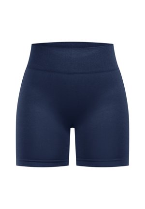 Marineblå sportsbukser med en bred, elastisk talje. Stoffet virker glat og strækbart, designet til komfort og bevægelsesfrihed.