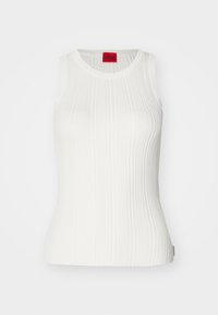 White, ribbed sleeveless top with a round neckline. Features a red tag at the back with the brand name "HUGO." Soft, textured fabric.