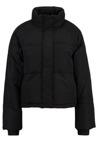 Černá zkrácená péřová bunda s vysokým límcem, prošívaným designem, dlouhými rukávy a elastickými manžetami, vyrobená z hladkého syntetického materiálu.