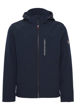 Marineblauwe hoodie gemaakt van softshell-stof met een ritsvoorkant, zijzakken en logo-detail op de mouw. Glad oppervlak, lichtgewicht ontwerp.