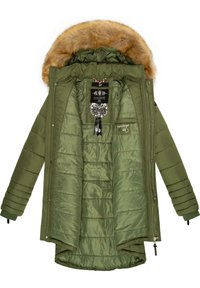 Zelena puffer jakna s kapuljačom obrubljenom krznom, kvadratnim dizajnom, elastičnim manžetama i unutarnjim džepovima. Sadrži oznake brenda unutar.