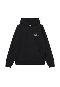 Felpa nera con cappuccio in tessuto morbido, dotata di una tasca anteriore e di un cappuccio con cordino. Include un design del logo minimalista sul petto.