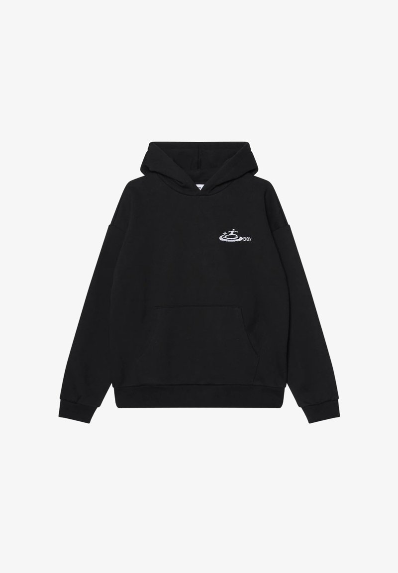 Felpa nera con cappuccio in tessuto morbido, dotata di una tasca anteriore e di un cappuccio con cordino. Include un design del logo minimalista sul petto.