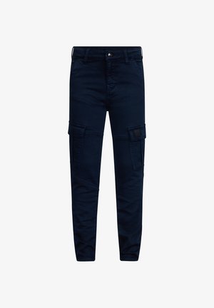 Pantalons cargo navy en mélange de coton, dotés de plusieurs poches latérales, d'une coupe ajustée et de détails de couture subtils au niveau des genoux.