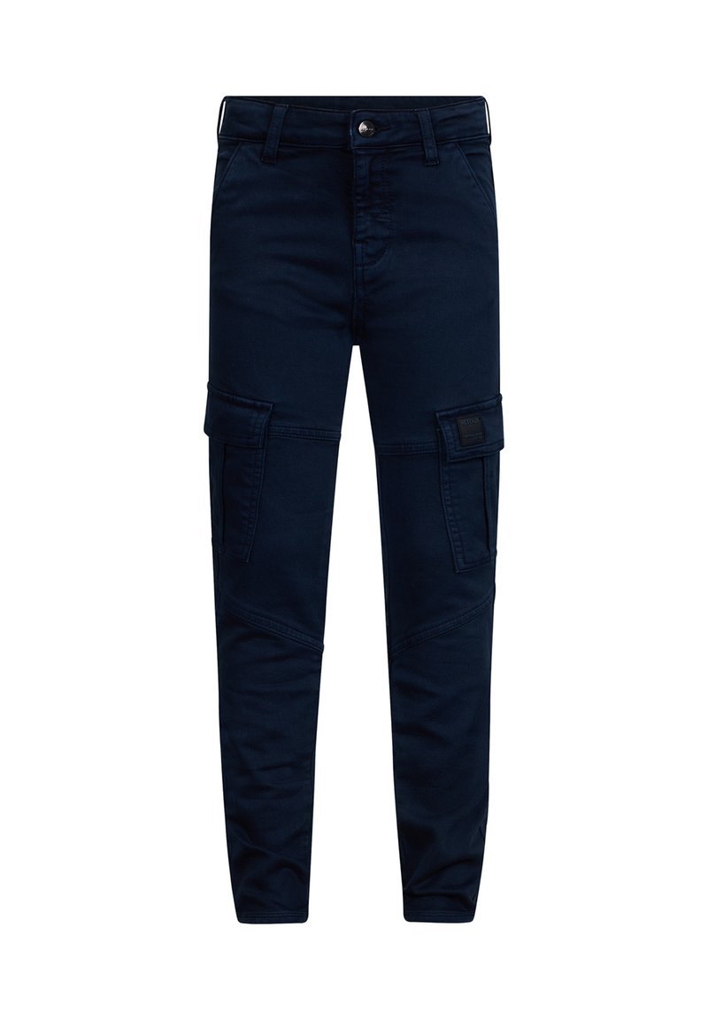 Pantaloni cargo navy realizzati in misto cotone, dotati di molteplici tasche laterali, un design aderente e dettagli di cucitura discreti nella zona delle ginocchia.