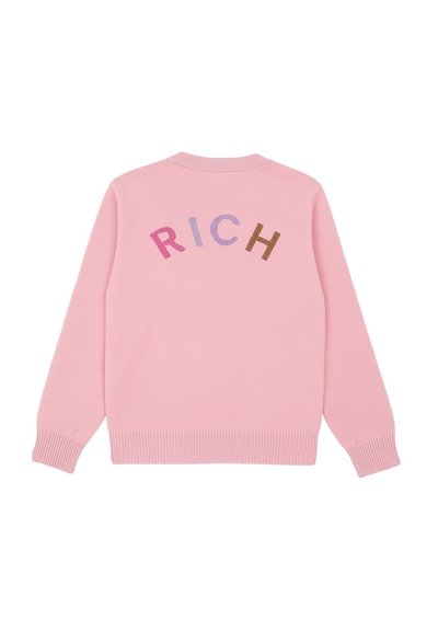 Maglione lavorato a maglia rosa chiaro con ricamo della scritta "RICH" in vari colori sulla schiena, con polsini e orlo a coste.
