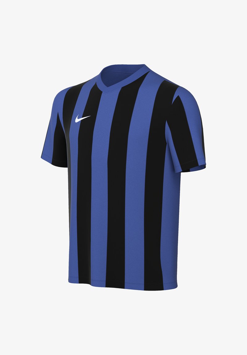 Maillot de sport à manches courtes avec des rayures verticales bleues et noires, col en V et logo Nike blanc sur la poitrine droite.