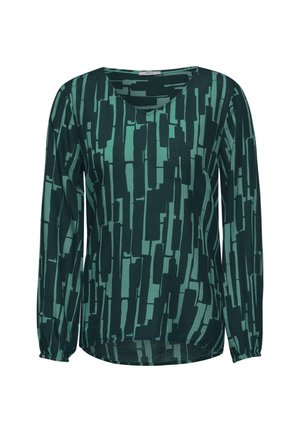 Grünes Langarmoberteil mit einem geometrischen Muster in verschiedenen Farbtönen, strapazierfähigem Stoff und einem runden Ausschnitt. Gummierte Bündchen.