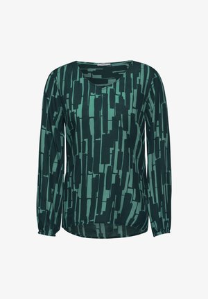 Grünes Langarmoberteil mit einem geometrischen Muster in verschiedenen Farbtönen, strapazierfähigem Stoff und einem runden Ausschnitt. Gummierte Bündchen.