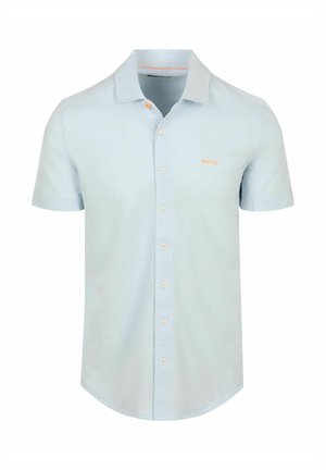 Lichtblauw overhemd met korte mouwen, knopen, een klassieke kraag en een klein oranje logo op de linkerborst.